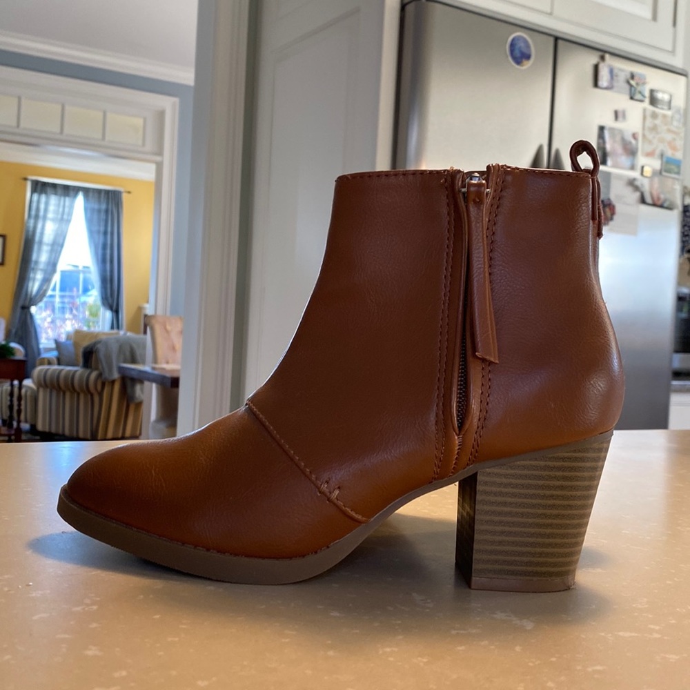 Brown vegan leather booties with side zipper